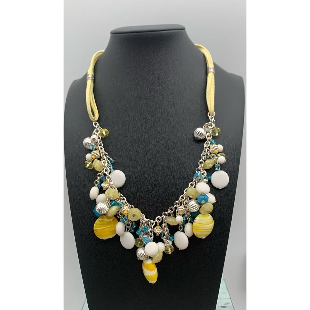 Summer Spring Time Yellow White And Turquoise Blue Bib Beaded Necklace